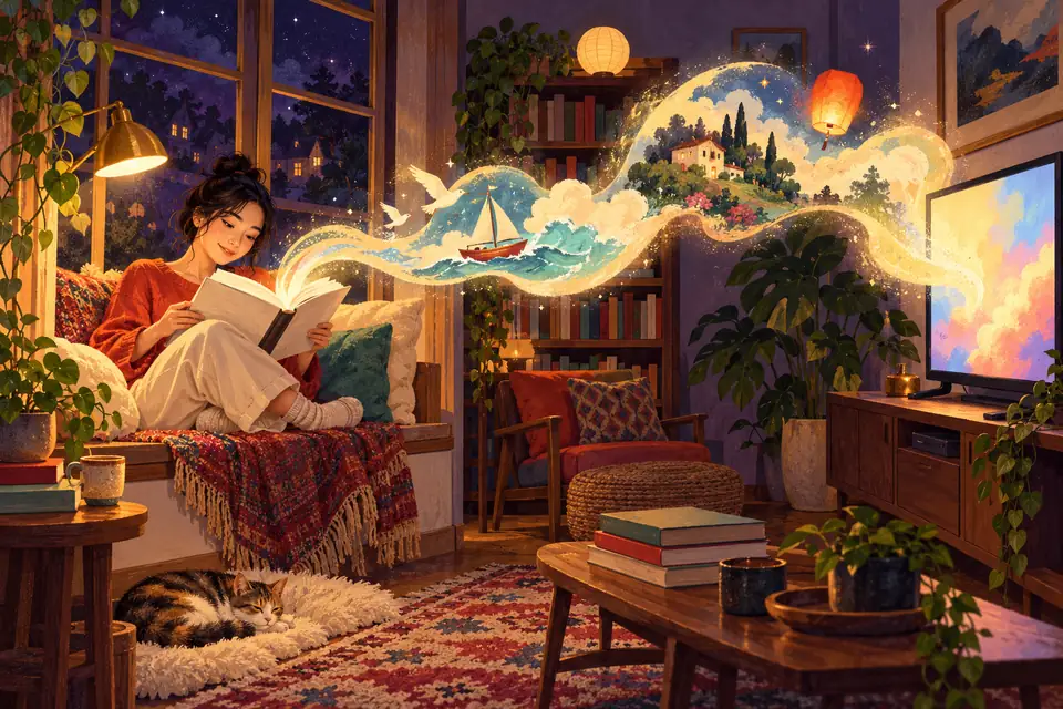 หนังจากนิยาย หญิงสาวอ่านหนังสือเล่มหนาริมหน้าต่าง ภาพเรือใบ นก และบ้านบนเนินลอยออกจากหน้ากระดาษไปเป็นแสงบนจอทีวี
