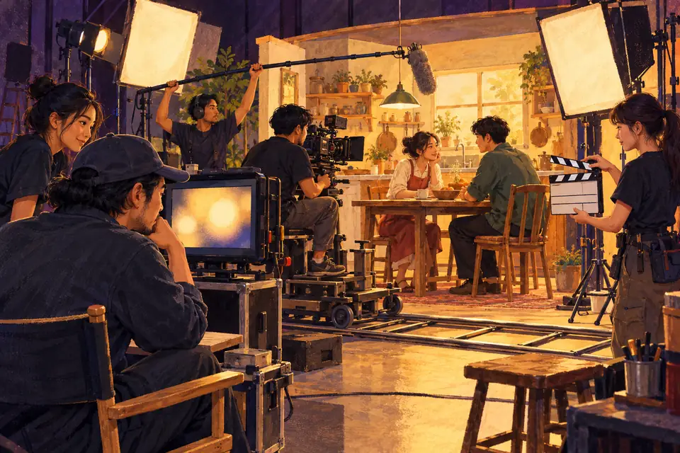 หนังดี เบื้องหลังกองถ่ายในสตูดิโอ ผู้กำกับดูมอนิเตอร์ ตากล้องบนรางดอลลี่ คนถือไมค์บูม และนักแสดงคู่หนึ่งซ้อมฉากในครัว