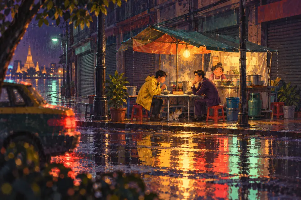 หนังอาชญากรรม ร้านก๋วยเตี๋ยวริมถนนยามฝนตกกลางคืน นักสืบเสื้อกันฝนสีเหลืองนั่งคุยกับชายสูทสีม่วงที่มีซองสีน้ำตาลวางอยู่บนโต๊ะ แม่ค้าแอบมอง