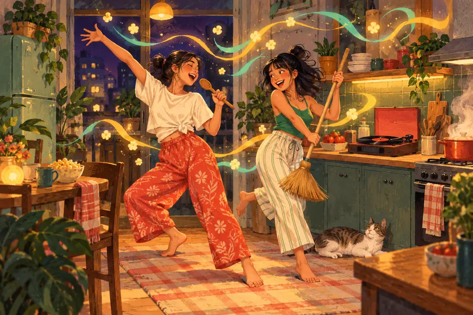 หนังเพลง สองเพื่อนร่วมห้องร้องเพลงใส่ทัพพีและเต้นคู่กับไม้กวาดในครัว แผ่นเสียงหมุนท่ามกลางริบบิ้นแสงสี