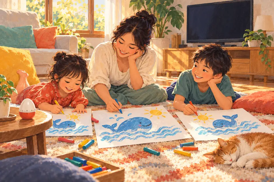 หนังเด็ก แม่กับลูกสองคนนอนวาดรูปปลาวาฬด้วยสีเทียนบนพรมหลังดูจบ ทีวีปิดอยู่ มีนาฬิกาจับเวลาไข่บนโต๊ะข้างๆ