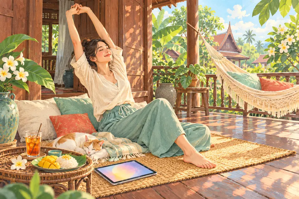หนังวันหยุด หญิงสาวบิดขี้เกียจบนเสื่อที่ระเบียงบ้านไม้ พักสายตาระหว่างเรื่อง ข้างแท็บเล็ต ข้าวเหนียวมะม่วง และแมวหลับ