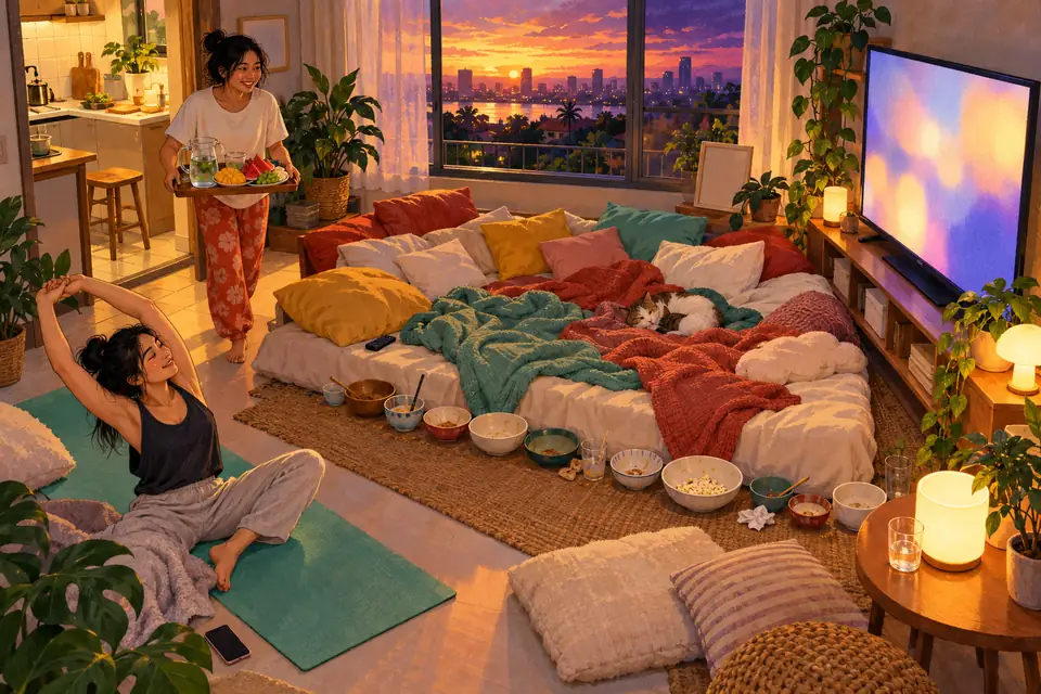 ดูหนังมาราธอน ห้องนั่งเล่นปูฟูกหมอนเต็มพื้น ชามขนมที่กินหมดเรียงเป็นแถว เพื่อนยืดเส้นบนเสื่อโยคะ อีกคนยกถาดผลไม้มาเติม