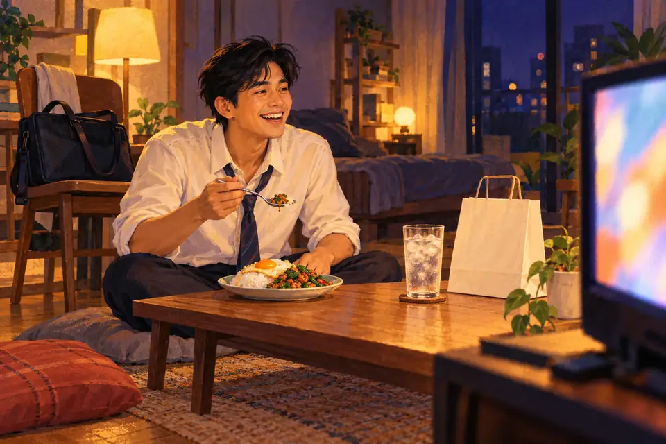 หนังดูเพลินๆ หนุ่มออฟฟิศคลายเนกไทนั่งกินข้าวกะเพราไข่ดาวที่โต๊ะญี่ปุ่นหน้าทีวี หัวเราะสบายๆ หลังเลิกงานในห้องพักยามค่ำ