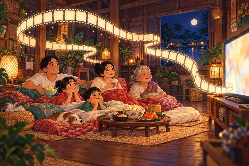 ครอบครัวไทยสามรุ่นนอนเล่นบนฟูกในบ้านไม้ ดูหนังเต็มเรื่องพากย์ไทยด้วยกัน มีแถบฟิล์มยาวต่อเนื่องลอยออกจากจอทีวี