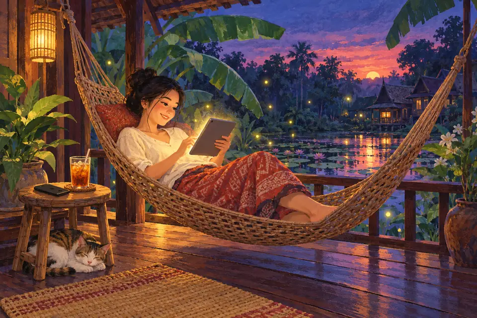 หญิงสาวนอนเปลญวนบนชานเรือนไทยยามพลบค่ำ ดูหนังไม่มีโฆษณาบนแท็บเล็ตอย่างเพลิน วางมือถือไว้ข้างแก้วชาเย็น