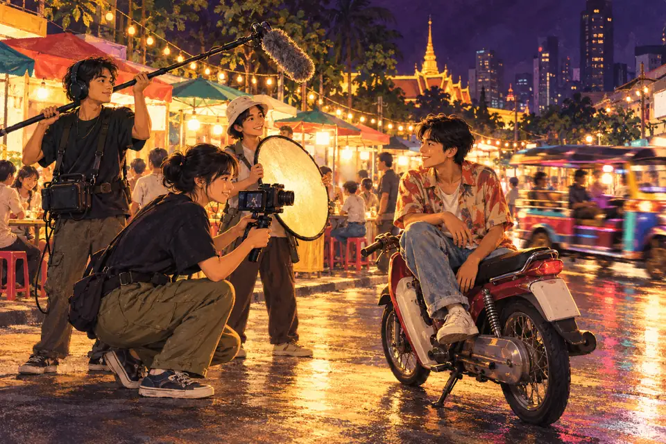 หนังไทยใหม่ ทีมงานรุ่นใหม่ถือกล้อง ไมค์บูม และแผ่นสะท้อนแสง ถ่ายนักแสดงบนมอเตอร์ไซค์กลางถนนตลาดกลางคืน