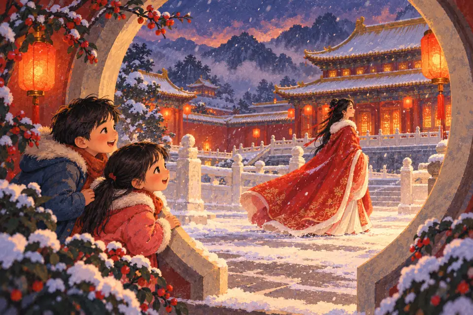 หนังจีน หญิงสาวชุดฮั่นฝูสีแดงเดินกลางลานพระราชวังโบราณท่ามกลางหิมะ เด็กสองคนแอบดูจากประตูวงกลม โคมแดงส่องสว่าง